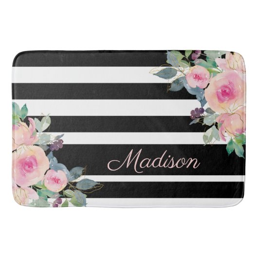 Floral Elegant Stripes Naam Roze Black White Badmat (Voorkant)