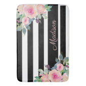 Floral Elegant Stripes Naam Roze Black White Badmat (Voorkant Verticaal)