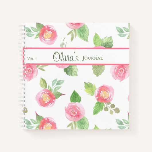 Floral Élégant Votre Nom Script Rose Roses Journal (Devant)