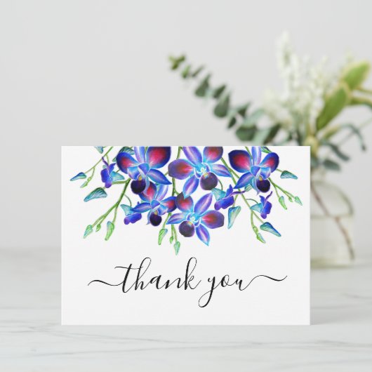 Floral Elegant Waterverf Blue Orchids Script Bedankkaart (Staand voorkant)