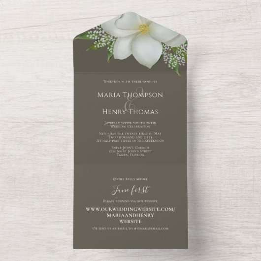 Floral Elegant White Magnolia Guest All In One Uitnodiging (Binnen)