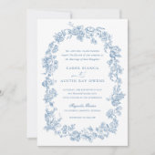 Floral Elegante Franse Blauwe Rozen bruiloft Kaart (Voorkant)