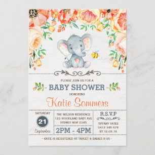 Floral Elephant Baby shower Autumn Herfst Uitnodig Kaart