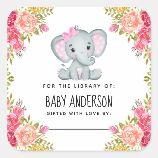 Floral Elephant Baby shower Bookplaat Vierkante Sticker (Voorkant)