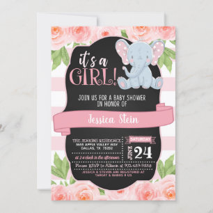 Floral Elephant Baby shower Invitation - Girl Kaart