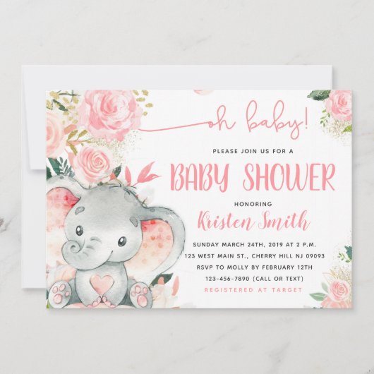Floral Elephant Baby Shower Invitations pour une f (Devant)
