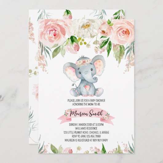 Floral Elephant Baby Shower Kaart (Voorkant / Achterkant)
