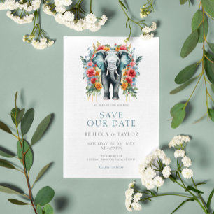 Floral Elephant Bay Blauw en Wit Save the Date Kaart