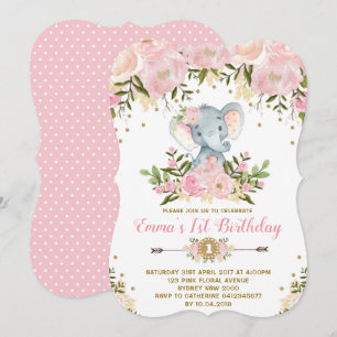 Floral Elephant Birthday Invitation Pink & Gold Kaart