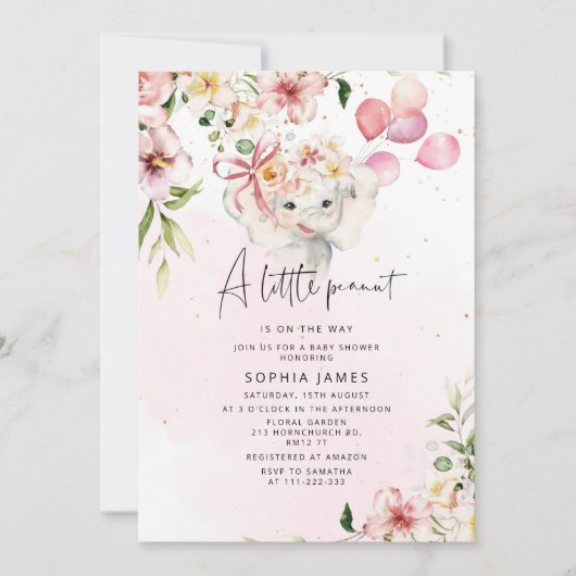 Floral Elephant fille baby shower Invitation (Devant)