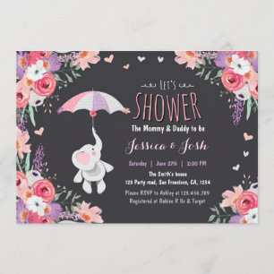Floral Elephant Invitation baby shower Girl Pink Kaart