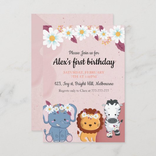 Floral Elephant Lion Zebra 1e verjaardag uitnodigi Informatiekaartje (Voorkant / Achterkant)