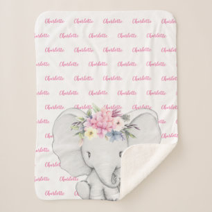 Floral Elephant roze Persoonlijke meisjesnaam Sherpa Deken