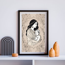 Floral Embrace Mother and Baby Line Art Print