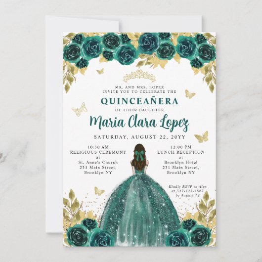 Floral Emerald Gold Butterfly Princess Quinceanera Kaart (Voorkant)