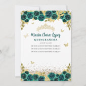 Floral Emerald Gold Butterfly Princess Quinceanera Kaart (Achterkant)