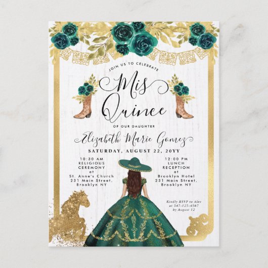 Floral Emerald Green Charra Princess Quinceanera Uitnodiging Briefkaart (Voorkant)