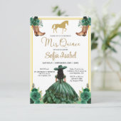 Floral Emerald Green Gold Boots Horse Quinceanera Kaart (Staand voorkant)