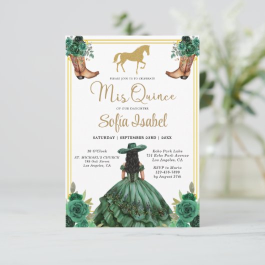Floral Emerald Green Gold Boots Horse Quinceanera Kaart (Staand voorkant)