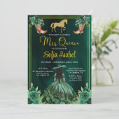 Floral Emerald Green Gold Boots Horse Quinceanera Kaart (Staand voorkant)