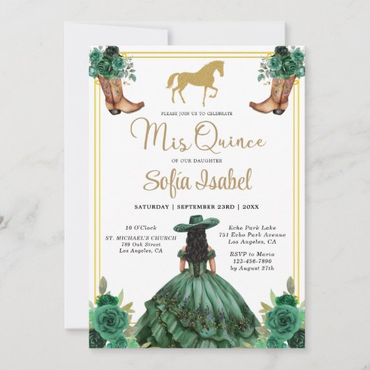 Floral Emerald Green Gold Boots Horse Quinceanera Kaart (Voorkant)