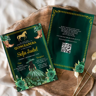 Floral Emerald Green Gold Boots Horse Quinceanera Kaart