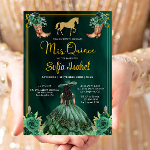 Floral Emerald Green Gold Boots Horse Quinceanera Kaart