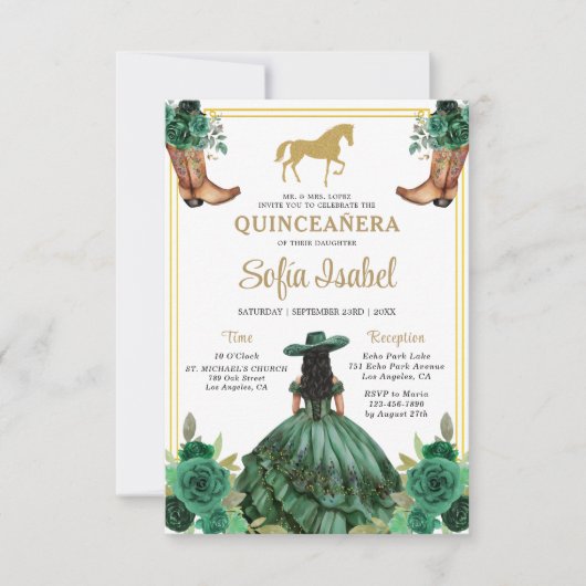 Floral Emerald Green Gold Boots Horse Quinceanera Kaart (Voorkant)