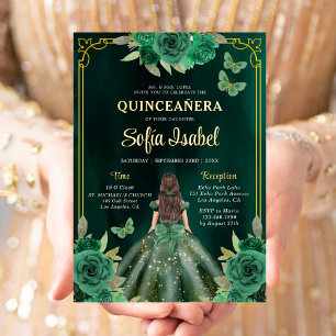 Floral Emerald Green Gold Butterfly Quinceanera Folie Uitnodiging