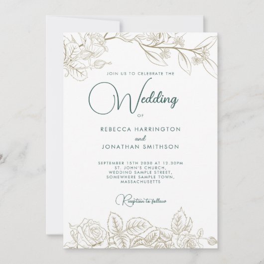 Floral Emerald Green Gold Faire-part de mariage (Devant)