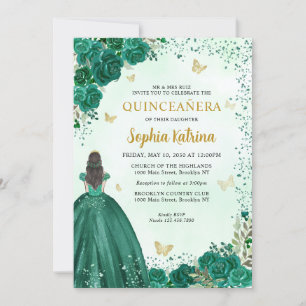 Floral Emerald Green Gold Princess Quinceanera Kaart