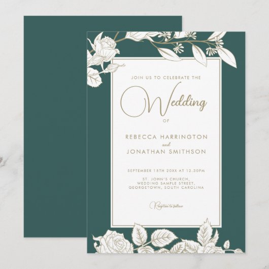Floral Emerald Green Gold Wedding Invitation Kaart (Voorkant / Achterkant)