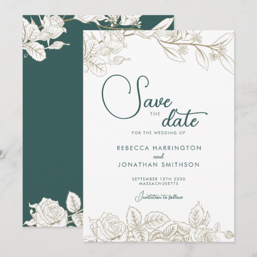 Floral Emerald Green Gold Wedding Save the Date Kaart (Voorkant / Achterkant)