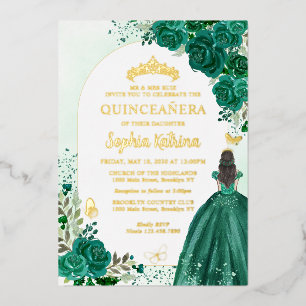 Floral Emerald Green Princess Birthday Quinceanera Folie Uitnodiging
