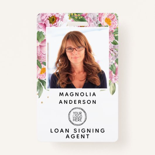Floral Employee Photo Logo Barcode Name Badge (Voorkant)