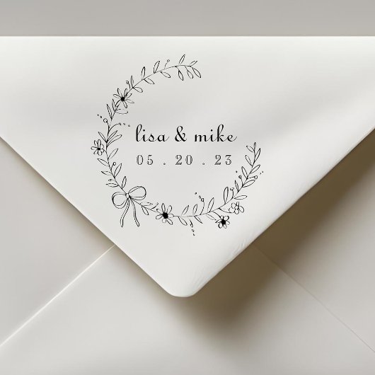 Floral en Bow Wreath Custom Couple Names Wedding Rubberstempel