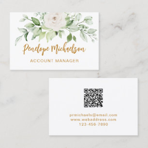 Floral en Greenery Gold Script met QR Code White Visitekaartje
