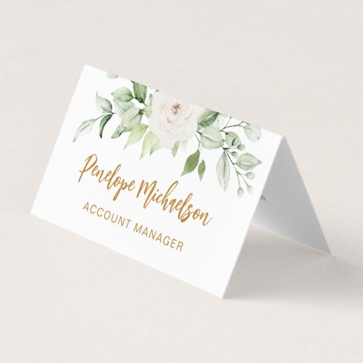 Floral en Greenery Gold Script met QR Code White Visitekaartjes (Voorkant)
