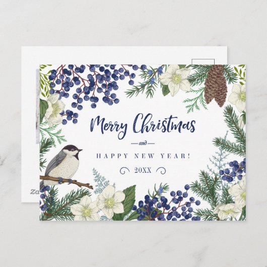 Floral en Winter Bird | Fotovakantiekaart Feestdagenkaart (Voorkant / Achterkant)