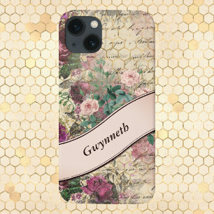  Floral Ephemera met roze monogram lintje iPhone 13 Hoesje