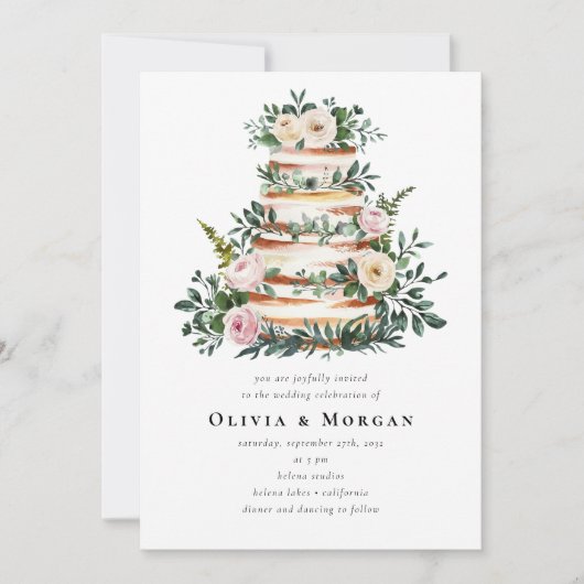 Floral Eucalyptus Cake QR Code Huwelijk Kaart (Voorkant)