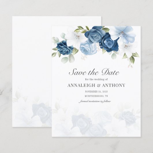 Floral Eucalyptus Dusty Blue Save the Date (Voorkant / Achterkant)