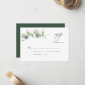 Floral Eucalyptus Foliage Script Weduwschap RSVP Notitiekaartje (Voorkant / Achterkant in situ)
