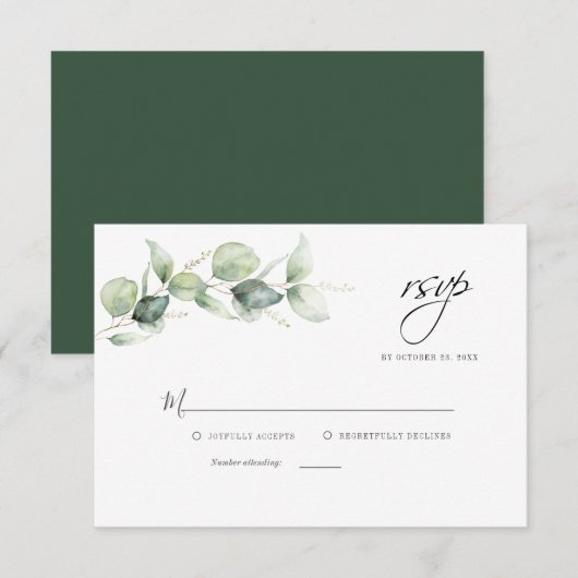 Floral Eucalyptus Foliage Script Weduwschap RSVP Notitiekaartje (Voorkant / Achterkant)