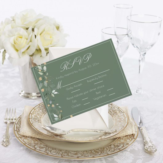 Floral Eucalyptus Greenery Gold Green Wedding RSVP Kaartje