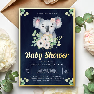 Floral Eucalyptus Koala Girl Navy Baby shower Gold Folie Uitnodiging
