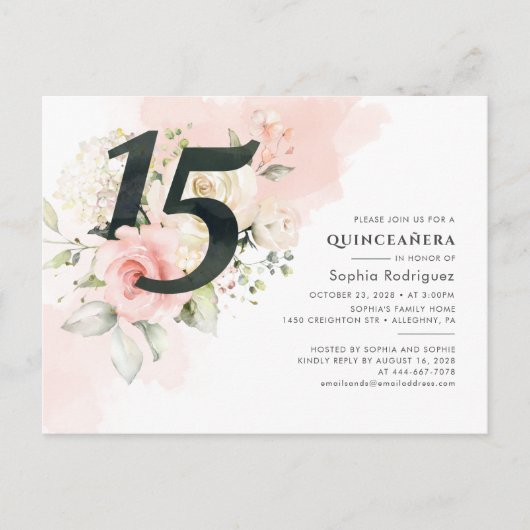 Floral Eucalyptus Leaves Quinceanera 15e verjaarda Uitnodiging Briefkaart (Voorkant)