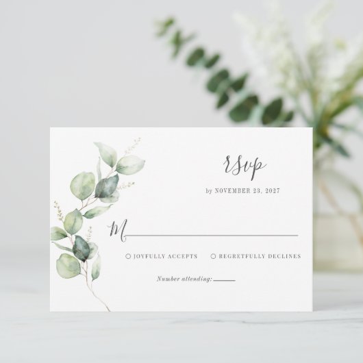 Floral Eucalyptus Leaves Script Weduwen RSVP Kaartje (Staand voorkant)
