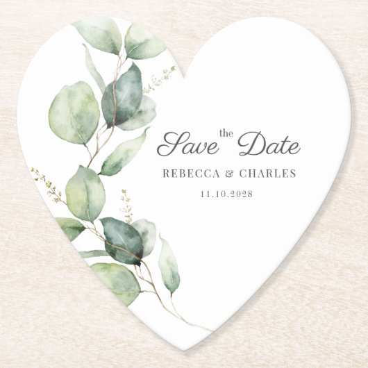 Floral Eucalyptus Script Weddenschap Opslaan Datum Kartonnen Onderzetters (Voorkant)