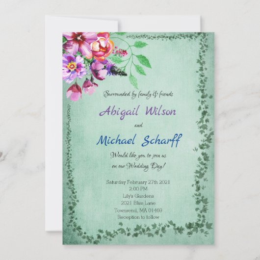 Floral Evergreen Wedding Invitations Kaart (Achterkant)